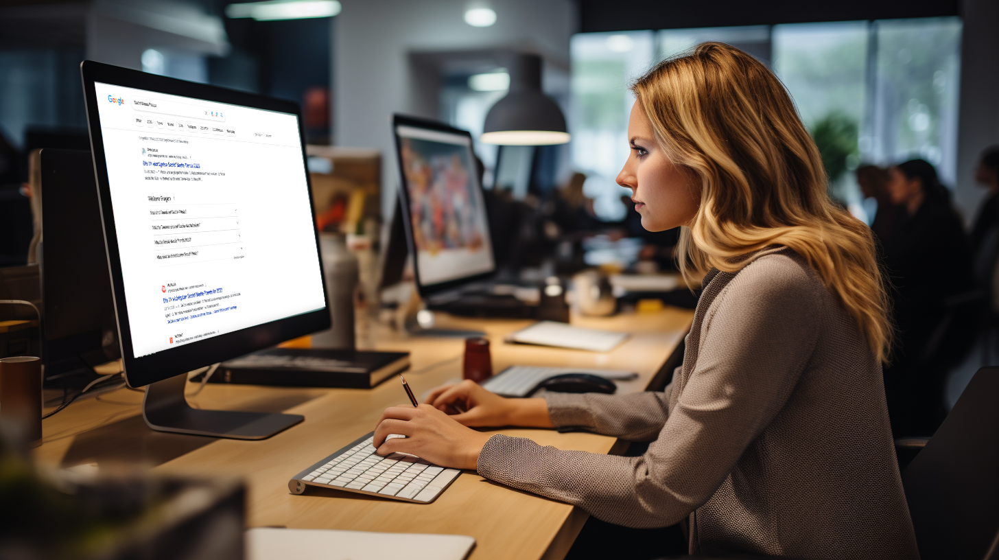 Frau nutzt Google Suchmaschine im Büro