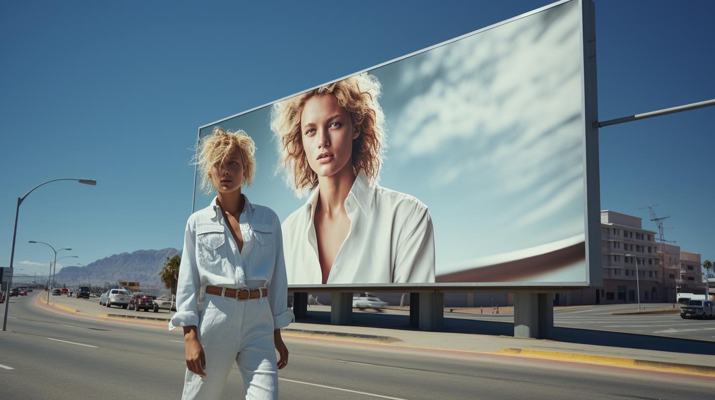 Frau läuft auf einer Straße mit Billboard im Hintergrund