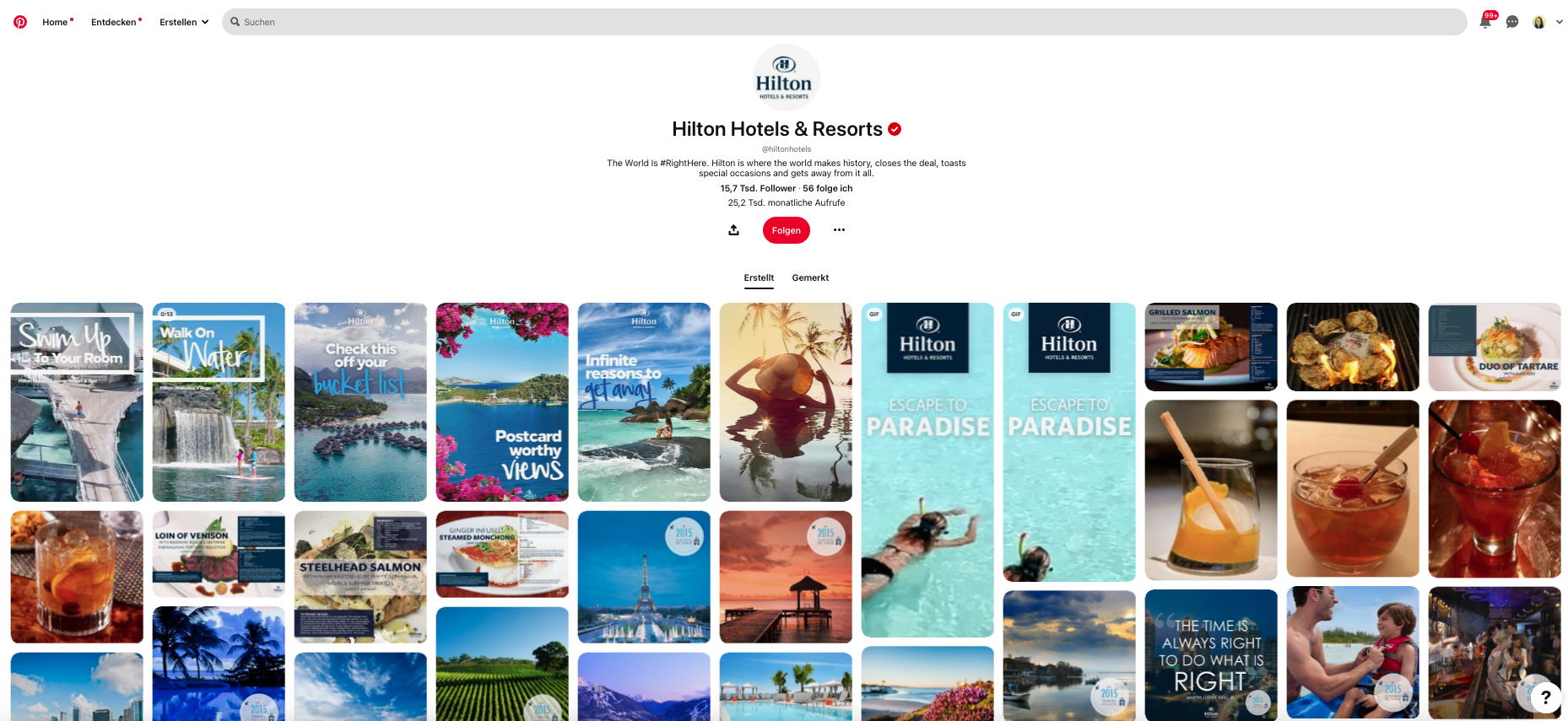 Hilton Hotels Pinterest Profil Screenshot