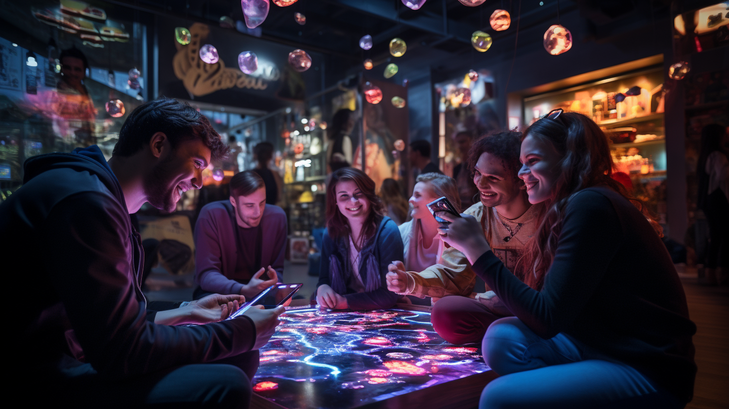 Gruppe-junger-Menschen-spielen-mit-iphones Gruppe junger Menschen spiele mit iPhones